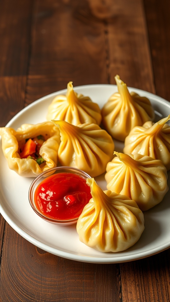 A plate of vegetable momos served with chili dipping sauce on a wooden table.